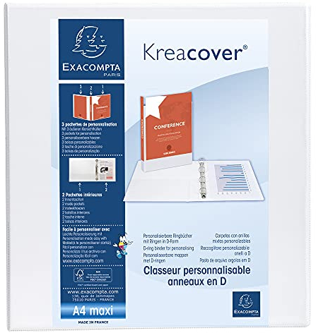 Exacompta 51825E Präsentationsringbuch KreaCover aus blickdichtem Kunststoff für DIN A4, 2-D Ring Mechanik 60 mm, Rücken 90 mm, weiß ideal für Schule und Büro Ringhefter Ringordner Ringbuchordner
