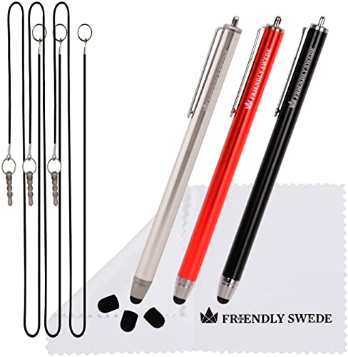 The Friendly Swede Eingabestift Touchstift Stylus Stift (3er-Set) für Tablett und Handy, mit dünnerer Spitze, Ersatzspitzen, Anhängern und Reinigungstuch (Silber/schwarz/rot)