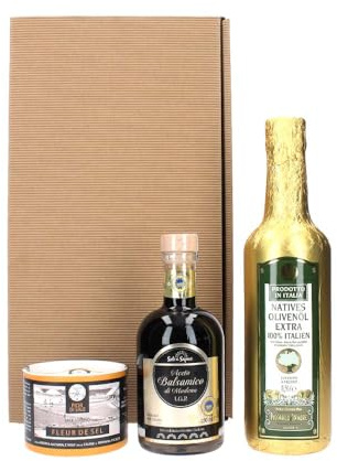 Schlemmerbox, Geschenkbox, Geschenkset, Olivenöl aus Ligurien in Goldfolie 0,5 L, Fleur de Sel Meersalz aus Trapani 150g, Sole e Sapore Aceto Balsamico di Modena I.G.P. DORO Gold 250ml