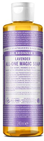 Dr Bronner's 18-in-1 Lavender Pure-Castile Liquid Soap, Made with Organic Oils, Used for Face, Body, Hair, Dishes, Mopping and Pets, Certified Fair Trade & Vegan Friendly, 237ml Recycled Bottle