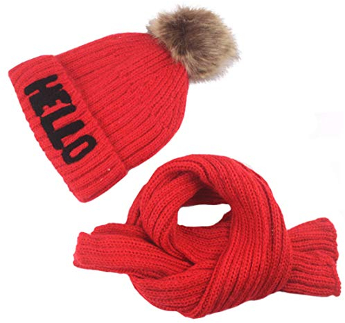 Boomly Baby Mädchen Strickmütze + Schal Winter Beanie Hut Halstuch Pompom mütze Plus Samt Warm Kindermütze Für 3-10 Jahre alt (Rot, Kopfumfang: 48-54cm)