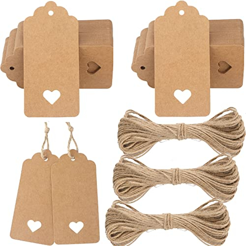 G2PLUS 200stk Geschenk Anhänger, 4.5x9.5CM Kraftpapier Etiketten Tags 300g/m² Geschenkanhänger Etiketten Herz mit Schnur für Hochzeit Geschenke zum Basteln-Braun