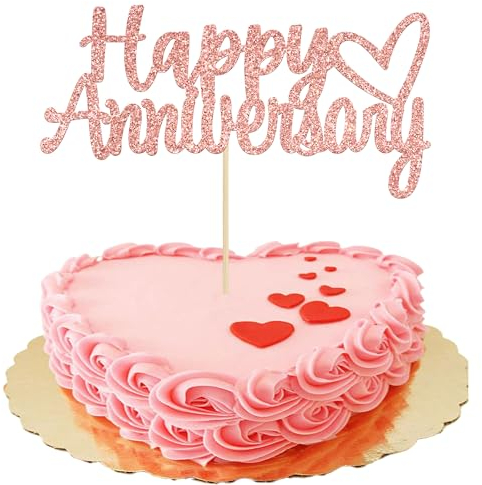 Gyufise Rose Gold Glitter Happy Anniversary Cake Topper - Wedding & Birthday Party Decoration Supplies