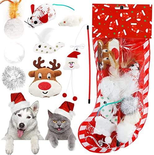 TaimeiMao 10 Stück Weihnachten Katze Spielzeug Set,Spielzeug Interaktive Katze Ball Spielzeug Mäuse Spielzeug Katze Teaser Zauberstab(Weiß)