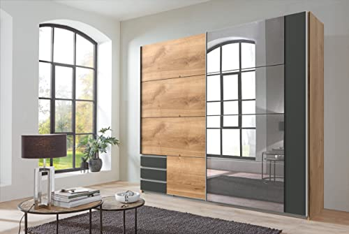 möbelando Schwebetürenschrank Schrank Schiebetürenschrank Schlafzimmer Eugenio V Plankeneiche/Graphit