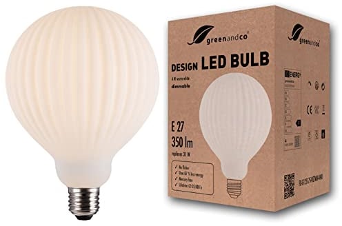 greenandco Vintage Design LED Lampe | Opal Streifen | dimmbar | E27 G125 | 4W 350lm | CRI90+ | 3000K warmweiß | flimmerfrei | zur Stimmungsbeleuchtung | 360° | 230V
