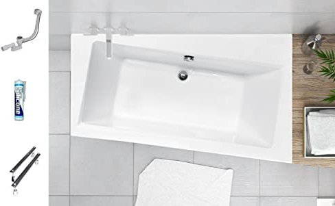 ECOLAM® Badewanne Infinity Trapezwanne Eckwanne für Zwei Personen mit Abfluss mittig 160x100 cm RECHTS Ab- und Überlauf Automatik Füße Silikon SET