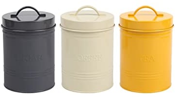 Muddy Hands Set of 3 - Cream, Grey & Mustard Vintage Metal Kitchen Canister Set with Lid - Storage Containers for Coffee Sugar Tea
