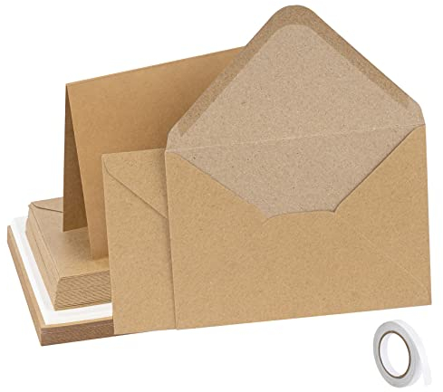 Mocraft 30 Blanko Klappkarten mit Umschläge Braun Kraftpapier Karten Briefumschläge mit Nassklebung & Weiß Einlege Briefkuvert für Grüße Hochzeit Einladungskarten DIY