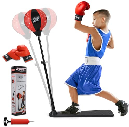 RELAX4LIFE Punching Ball con guantes para adultos y niños, saco de boxeo con altura ajustable 120-154 cm, pelota de boxeo de suelo con base estable, rojo y negro