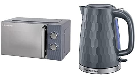 Russell Hobbs Honeycomb RHMM715G 17 Litre 700W Grey Solo Manual Microwave with 5 Power Levels, Integrated Timer and Defrost Function & 26053 Cordless Electric Kettle, 1.7 Litre, 3000 W, Grey