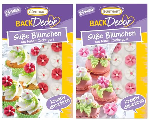 Günthart BackDecor | Süße Blümchen-SET | aus feinem Zuckerguss | in den Farben weiß, rot und rosa | passende Dekoration zum Essen für jegliche Süßspeisen