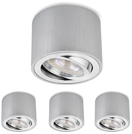 Sweet Led 4x Aufbauspot flach Ø80x50mm aus Aluminium, schwenkbar Aufbaustrahler inkl. Warmweiß 3000K wechselbarem LED Modul 5W 230V (Alu-gebürstet)
