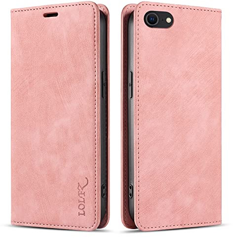 LOLFZ Wallet Case for iPhone SE 2022/2020/7/8, Premium Slim Flip PU Leather Case with Card Slots Stand Function Built-in Magnet Shockproof - Rose Gold