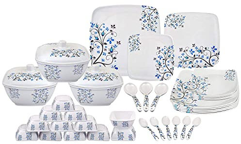 Square Shape Melamine Dinner Set 40 Pieces for Kitchen White Black and Sky Blue