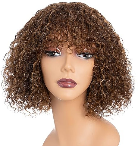 Rebecca Fashion Highlight Braun Blond Locken Bob Perücken mit Pony Echthaar 25 CM Kurz Locken Wasserwelle Bob Perücke Echthaar Perücken für Schwarze Frauen Kleberlose Perücke
