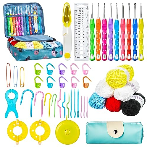 Anpro Crochet Kits for Beginners Adults - Crochet & Knitting Accessories Kit Includes Ergonomic Metal Crochet Hooks 2 mm to 6 mm Crochet Needles and Wools for Crocheting Yarn