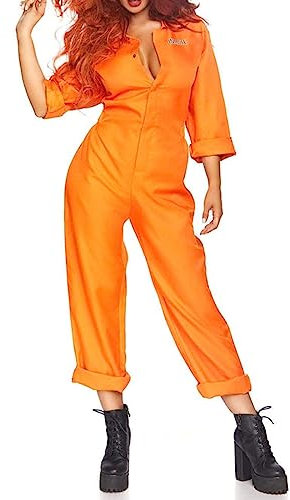 XIXIMAON Halloween Prisoner Costume Adult Inmate Uniform Orange Prisoner Jumpsuit Women Men Jail Costume Criminal Playsuit Overalls Cosplay Outfits