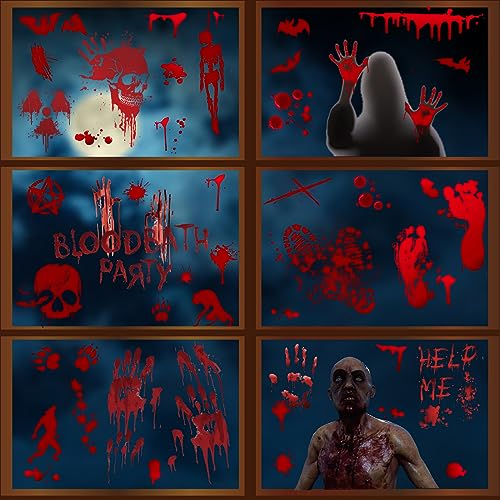 Halloween Deko Fensterbilder 73pcs, Halloween Deko Gruselig, Realistisch Wirkende Schaurig Blutige Hand Fuß mit Blutflecken Fenster Sticker für Fenster Badezimmer Tür Hof 9 sheets