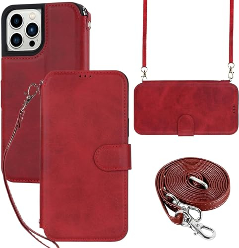 ELTEKER Hülle für iPhone 11 Pro Klapphülle,Handyhülle iPhone 11 Pro mit Umhängeband und Kartenfach,Perfekt Schutz Case mit Ständer Handytasche Lederhülle,Rot