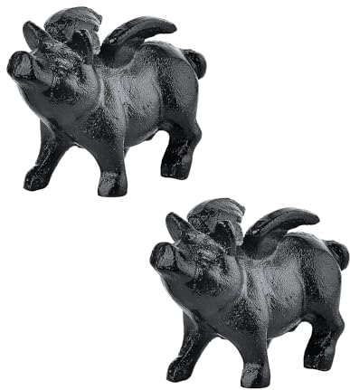 Sungmor Skurrile Gusseisen-Statue mit fliegendem Schwein, 2 Stück, rustikal, schwarz, niedliches kleines Schweinchen, Briefbeschwerer, Gartensammlung, Figur, Heimbüro, Schreibtisch, Ornament, für