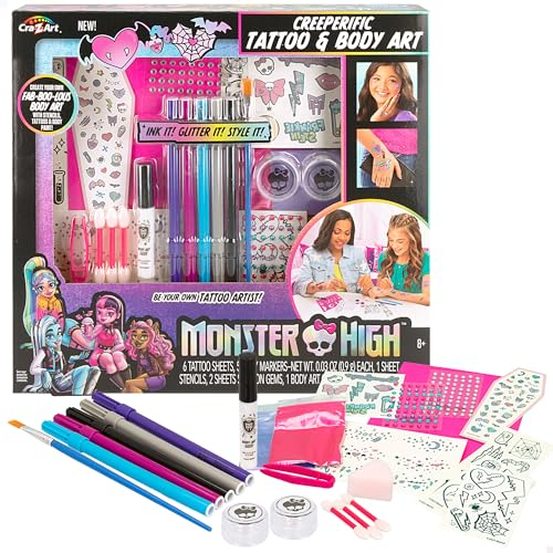 Colorbaby Monster High Tattoo-Studio, Body Art für Kinder, Körperkunst für Kinder, inklusive Schablonen, Marker, glänzende Perlen, Pinzette, Glitzer, Pinsel und Schwamm, ab 8 Jahren, 48426