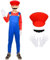 AOOWU Mario Kostüm Luigi Kostüm Set, 4-teiliges Set Mario Luigi Bodysuit Kostüm Kinder, Cosplay Outfit Jungen Mädchen mit Mütze Handschuhe Bart für Halloween Weihnachten Verkleidung (Rot, M)