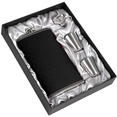 LHD HOME Flask for Men,350ml/12oz Hip Flask, 304 Food Grade Stainless Steel,2 Cups and Funnel Portable Gift Bbox for Whiskey Rum Groomsman Best Man Usher Wedding-Leather Rhomboid Stripe Black