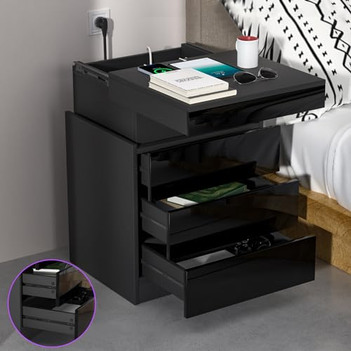 PIPIPOXER Nachttisch mit LED Licht und Steckdose, Beistelltisch in Schwarz aus Hochglanz Brett mit Schiebeschublade und Schiebedeckel,Nachttische mit 3 Schubladen Nachtschrank 45x40x67cm Schwarz