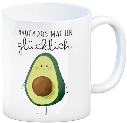 Niedliche Avocado Kaffeebecher mit Spruch Avocados machen glücklich Lustige Avocado Tasse für Veganer Vegetarier Ideal für Frühstück