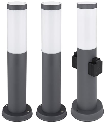 GLOBO Stehlampe dimmbar mit Fernbedienung Außenleuchte mit Steckdose Edelstahl LED Sockellampe Gartenlampe Wegeleuchte, anthrazit, RGB Farbwechsel, 8,5W 806lm warmweiß, DxH 12,7x45 cm, 3er Set