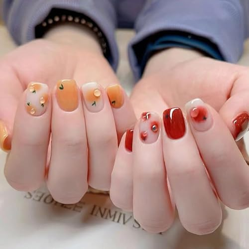 24pcs Short Square False Nails Orange Red Press on Nails Fruit Fake Nails Glue on Nails Stick on Nails Removable Acrylic Nails Gifts Spring Summer Women Girls Nail Art Accessories