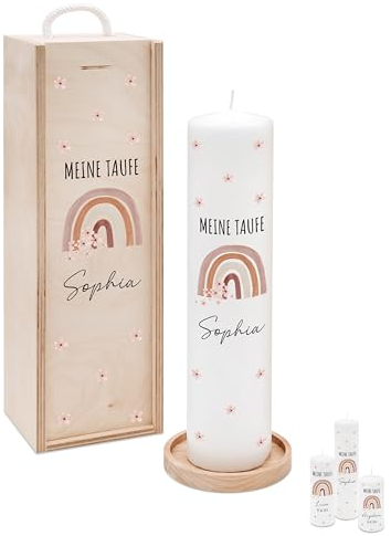 Bärenfreunde® - Personalisierte Taufkerze mit Spezial-Druck (M, L, XL) - ohne Ruß-Bildung - mit Holzkiste oder Untersetzer - Taufe Geschenk, Geschenk zur Geburt (M Kerze)