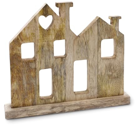Spetebo Deko Aufsteller Haus aus Mangoholz - 35 cm - Holz Silhouette auf Fuß zum Aufstellen - Tischdeko Fensterdeko zum Hinstellen
