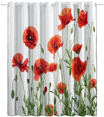 3D Rote Mohnblumen Vorhänge Blickdicht H215 x B110 cm 2er Set, Floral Verdunkelungsvorhang mit Ösen, Thermovorhang Landhausstil Deko Gardinen für Schlafzimmer Wohnzimmer Kinderzimmer