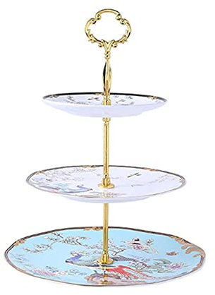 Alzata per torte floreale a 2 livelli, rotonda, in porcellana, in stile cinese, con motivo a fiori e uccelli, piatto da portata in ceramica, per cupcake, per il tè pomeridiano e per il piatto da espo