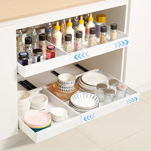 NAYAHOSE 2 Stück Teleskopschublade, Ausziehbarer Schrank Organizer, Breite Verstellbar (32–48cm) Kohlenstoffstahl Ausziehbare Schublade Küche, Ausziehbare Schrank Organizer (Weiß)