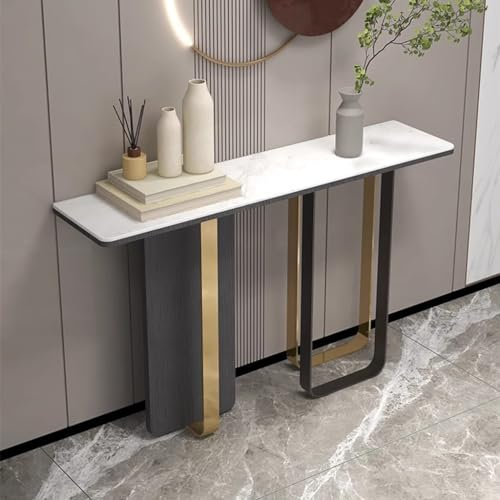 Narrow Console Table High Gloss Sintered Stone Marbles and Black Gold Legs - Slim Sofa Side Tables with Rock Panel Top for Hallway Unit (White, 100x35x8)