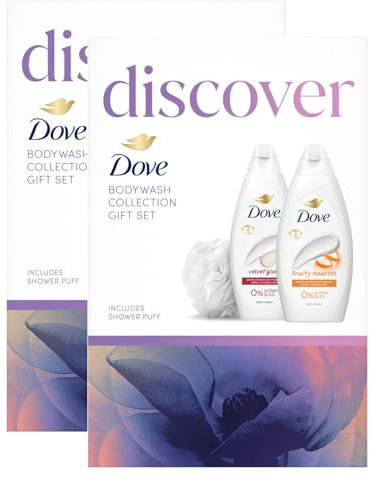 Dove Discover Bodywash Collection with Velvet Glow Body Wash 225ml and Fruity Nourish Body Wash 225ml Ready to Wrap 2 Pieces Gift Set For Her with Shower Puff,2pk