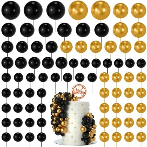 NACHLYNN 80 Pcs Cake Balls Decorations Mini Balloon Cake Topper Balls Foam Cupcake Toppers Balls for Cake Decorating Birthday Parties Weddings Anniversary (Black Gold)