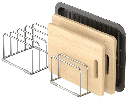 KORRTFID Cutting Board Holder Stand, Chopping Board Storage Rack, Cutting Board Organizer, 304 Stainless Steel Chopping Board Holder, Cookie Sheets Organizer 1.0+1.2 Inch Width Slots (2 PCS)