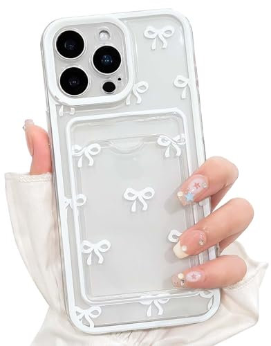 NITITOP Compatible with iPhone 12 Pro Case Clear with Card Holder Cute White Bowknot Pattern Bow Ribbon for Women Girl Color Frame TPU Shock-absorbing Wallet Case Protective Cover - White