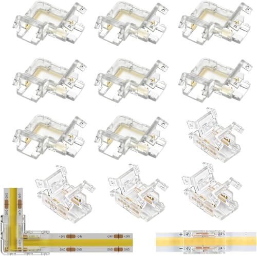 TenaLucy 12 Stück COB LED Streifen Verbinder,COB LED Strip Verbinder 8 pcs L Form COB LED Verbinder 4 pcs Transparente Connector Keine Dunklen Zonen,für Spaltfreies Löten 10mm Breite Steckerkit 2 Pin