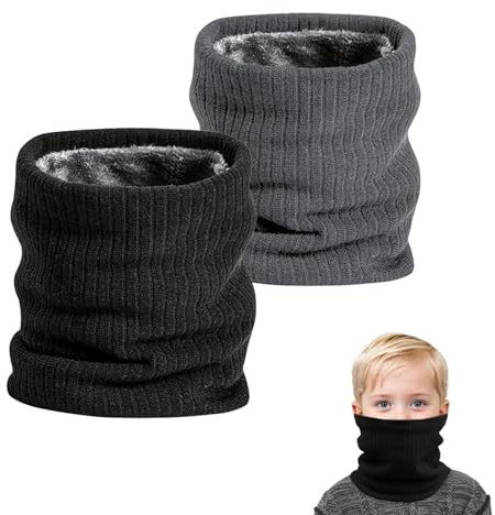 SEFIRST 2 Stück Winter Halsschlauch Kinder Ski, Schlauchschal Kinder, Loop Schal Halswärmer Nackenwärmer Gesichtsschal, Winddichte Thermo, Fleece Rundschal für Fahrrad Joggen (Schwarz Grau)
