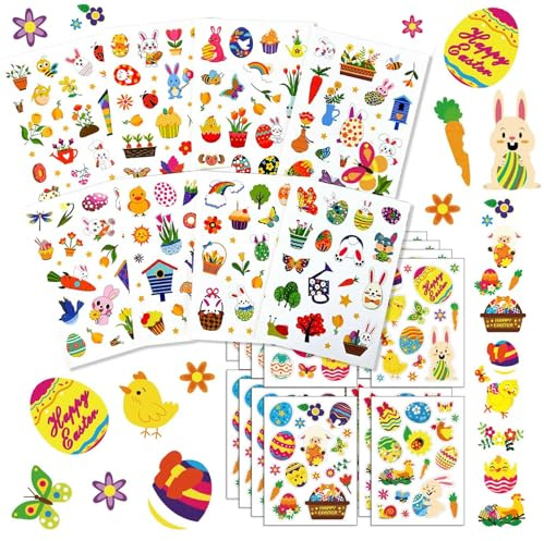 Oster-Sticker Set – 12 bunte Aufkleber für Kinder (Osterhasen, Eier, Küken, Blumen) – Selbstklebende Osterdeko mit kreativen Motiven – Ideal für Bastelprojekte, Grußkarten & Fensterdekoratio