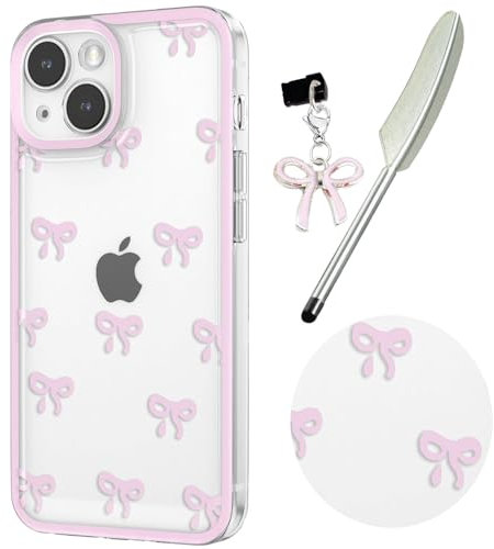 Knoowcase Case for iPhone 13, Cute Bowknot Pattern Clear Soft TPU Shockproof Phone Case for Women Girls, Slim Fit Silicone Bumper Shell Drop-Protection Transparent Cover for iPhone 13,Pink
