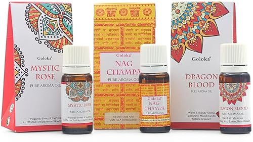 Goloka Duftöl - Naturdüfte für Aromatherapie, Raumduft, Diffusor, Duftlampe (Rose + Nag Champa + Drachenblut)
