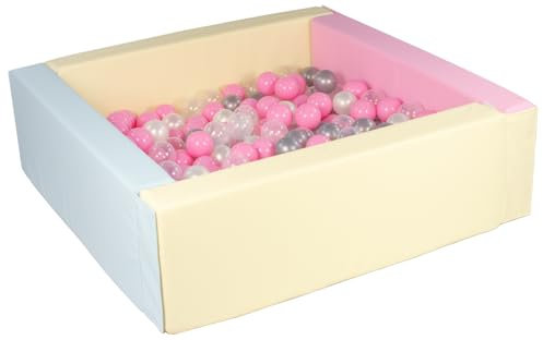 Velinda Piscine à balles carrée avec 200 balles, Cuir écologique, 5 éléments (Couleur de la Piscine/de balles: Rose, Bleu, Jaune (Pastel)/Perle, Transparent, Rose Clair, Argent)