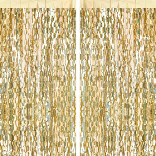 G2PLUS Wavy Glitter Champagne Gold Foil Curtains, 2PCS Metallic Tinsel Foil Fringe Curtains, 1m×2m Wave Tinsel Curtain Streamers, Party Backdrop Foil Curtain for Birthday Wedding Prom Decoration