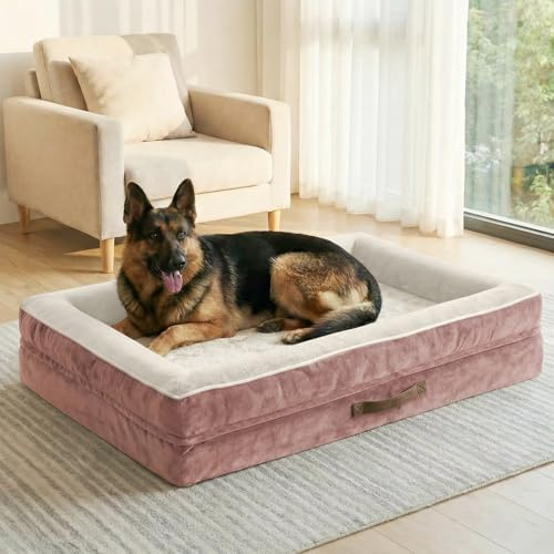 Renvix XXL Orthopedic Dog Bed, Waterproof Dog Sofa Bed | with Removable Washable Cover, Soft Egg Foam Pet Bed, Non-Slip Bottom and Four-Sided Bolster Cushion(Pink, 137x91x19cm)